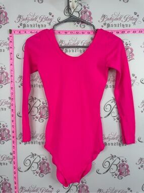 Tudor vintage leotard workout Onsie Neon Pink Long Sleeve Scoop Neck Bodysuit